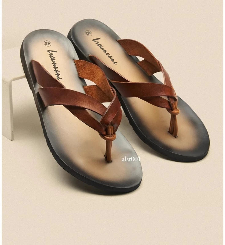 Summer Sandals New Men's Flip Flops Beach Shoes Leather Flats Casual Slippers Sz
