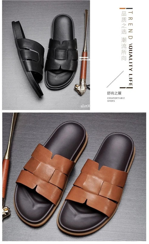 Summer New Men's Slippers Casual Breathable Beach Sandals Flat Leather Slippers