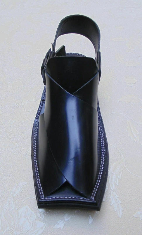 US 7, 8,9,10,11 MEN'S HANDMADE BLACK CHARSADA LEATHER PESHAWARI CHAPPEL