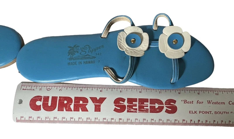 Vtg Women's Island Slipper Blue White Leather Floral Slide Made In Hawaii Size 7