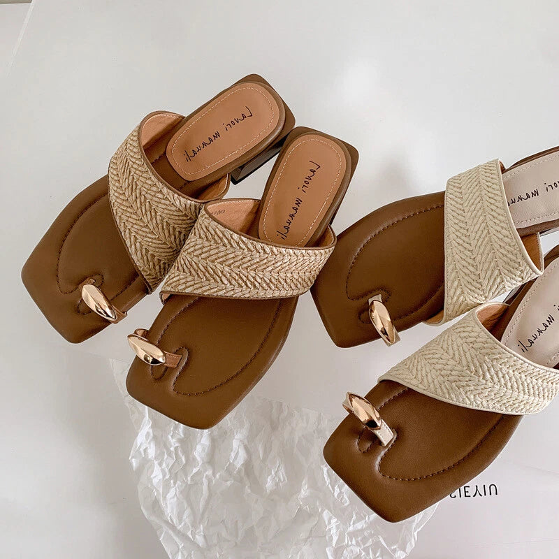 Womens Metal Buckle Slippers Summer Coarse Middle Heel Square Toe Beach Sandals