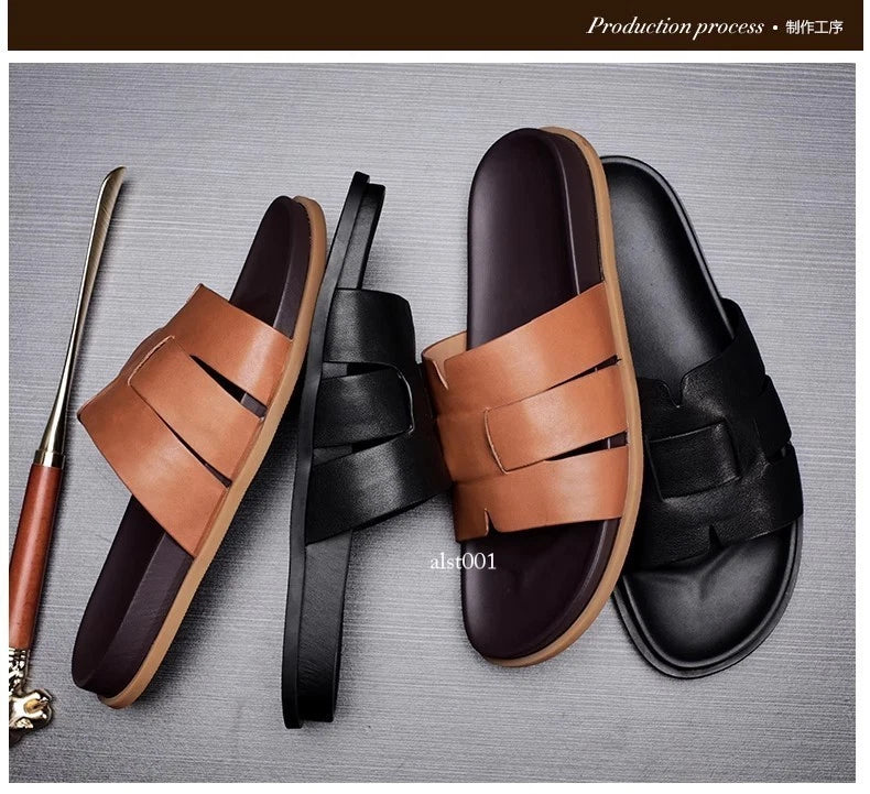 Summer New Men's Slippers Casual Breathable Beach Sandals Flat Leather Slippers
