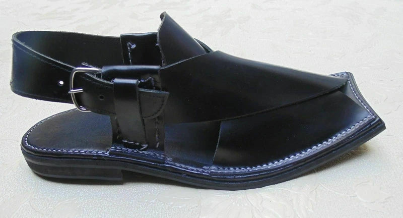 US 7, 8,9,10,11 MEN'S HANDMADE BLACK CHARSADA LEATHER PESHAWARI CHAPPEL