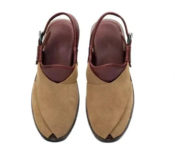 Tailor Made Men's Peshawari Chappal Beige Suede and Brown Leather Sandals Men's
