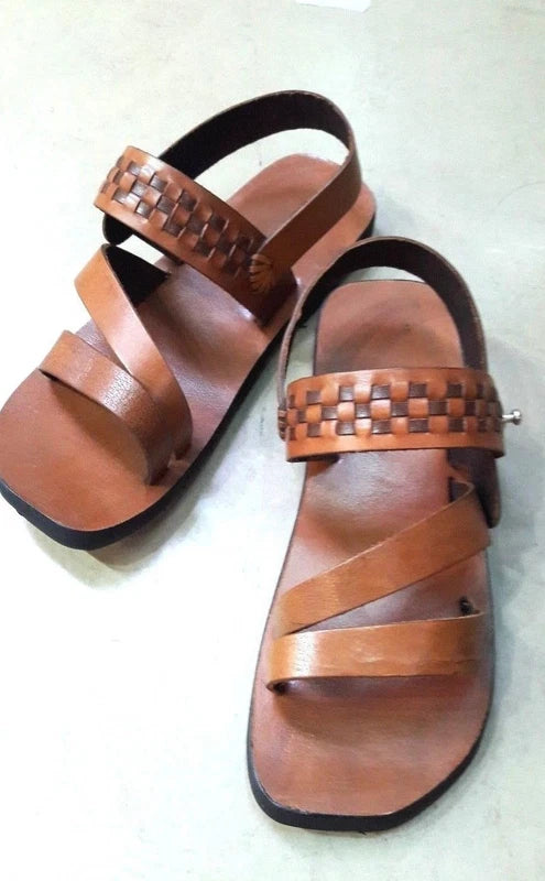 Tan Leather Roman Mens Pump Retro Open Toe Ankle Strappy Unisex Zori Flat Sandal