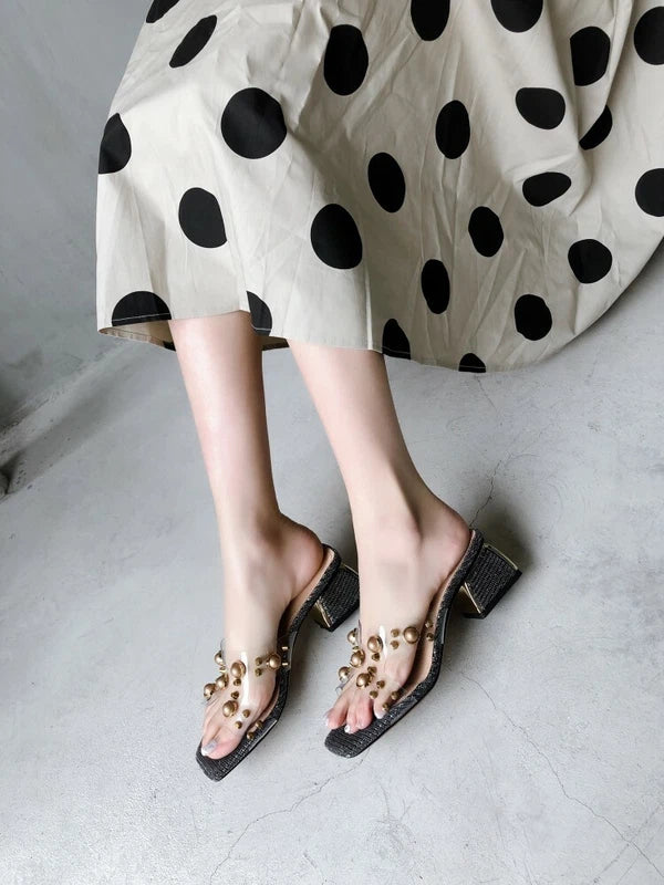Womens Fashion Transparent Pearls Block Heel Beach Slippers Sandals Shoes AKCS0