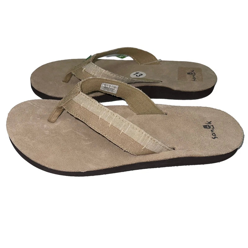 Sanuk Flip Flops Mens Brown Suede Leather Canvas Comfort Slipper Sandals Dr Fray