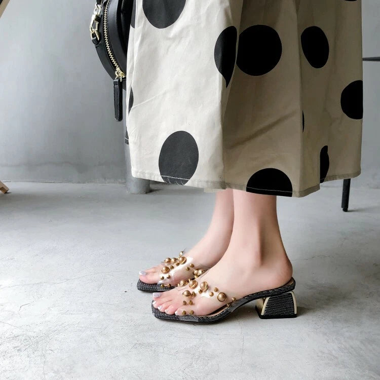 Womens Fashion Transparent Pearls Block Heel Beach Slippers Sandals Shoes AKCS0