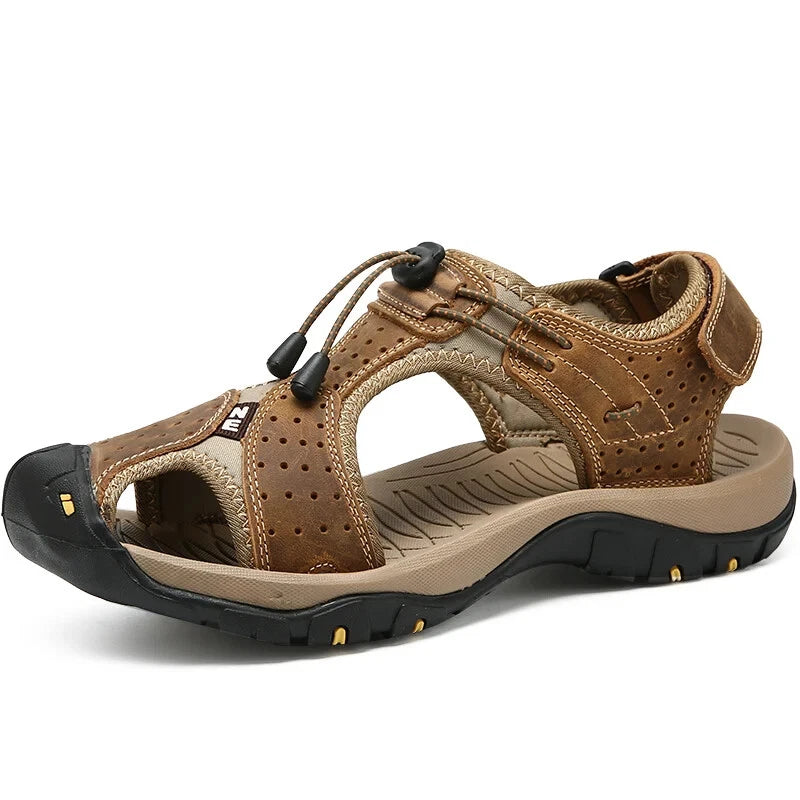 Summer Men's Leather Sandals Outdoor Beach Shoes Comfort Casual Lackk Up Slipper
