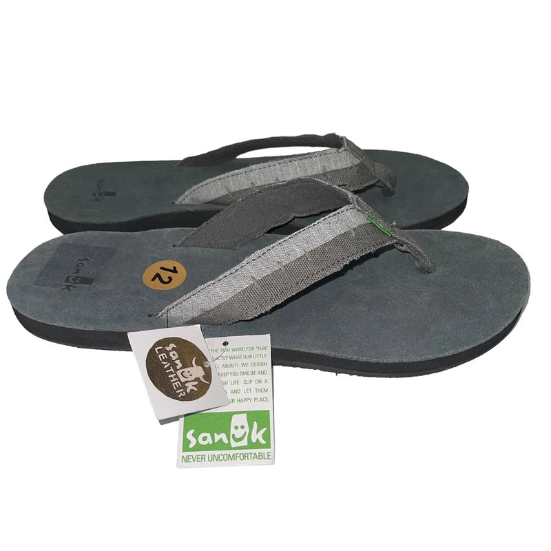 Sanuk Flip Flops Mens Gray Suede Leather Comfort Canvas Sandals Slippers Dr Fray