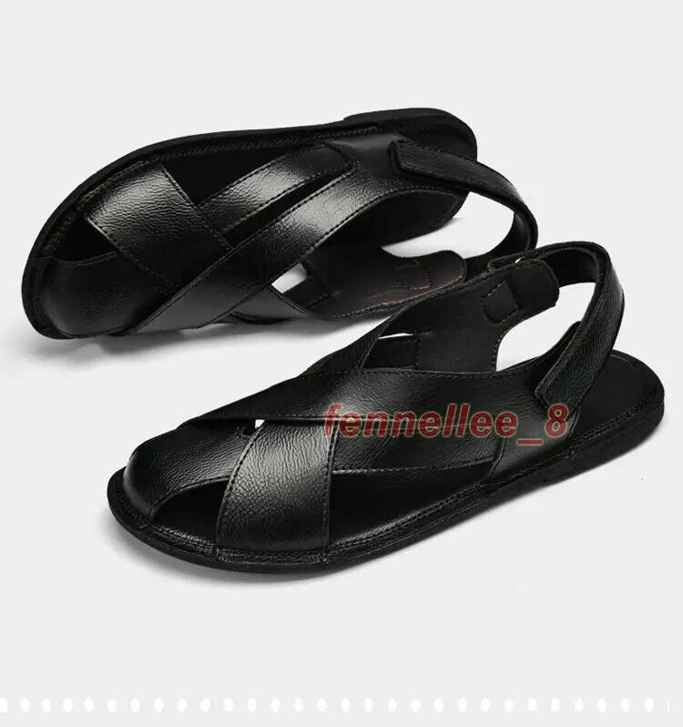 Summer Men's Hollow Out Sandals Leather Beach Shoes Non-slip Outdoor Slippers