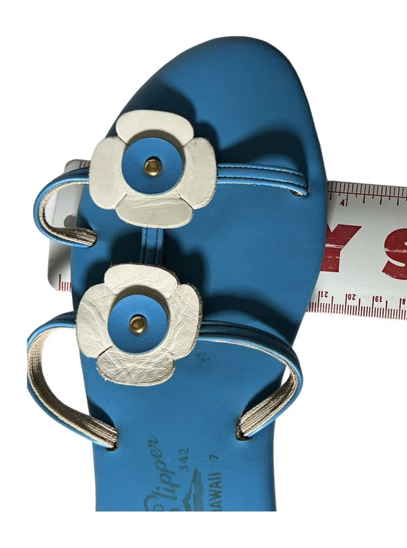 Vtg Women's Island Slipper Blue White Leather Floral Slide Made In Hawaii Size 7