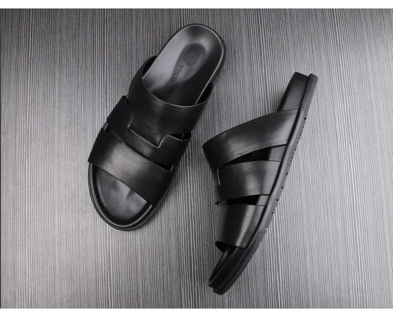 Summer Open Toe Real Leather Mens Sandals Slippers Flats Shoes Beach Roman Style