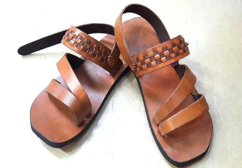 Tan Leather Roman Mens Pump Retro Open Toe Ankle Strappy Unisex Zori Flat Sandal