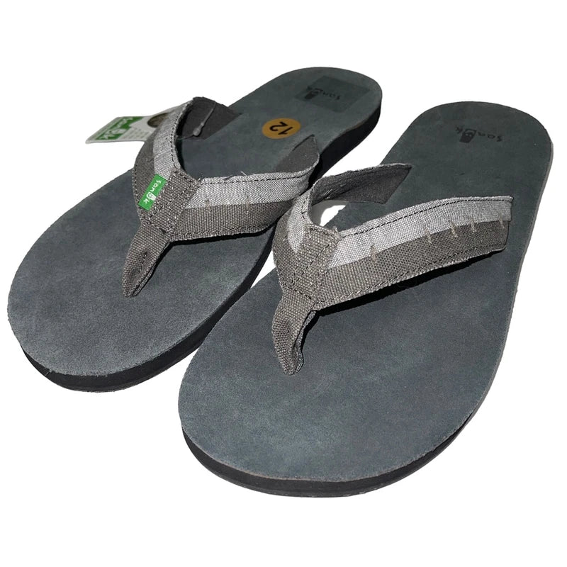 Sanuk Flip Flops Mens Gray Suede Leather Comfort Canvas Sandals Slippers Dr Fray