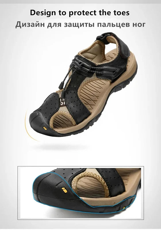 Summer Men's Leather Sandals Outdoor Beach Shoes Comfort Casual Lackk Up Slipper