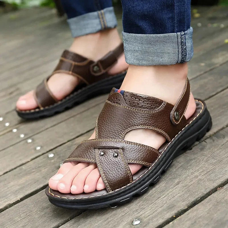 Summer Men Leather Sandals Genuine Leather Non-slip Men Shoes Slippers Outdoor T