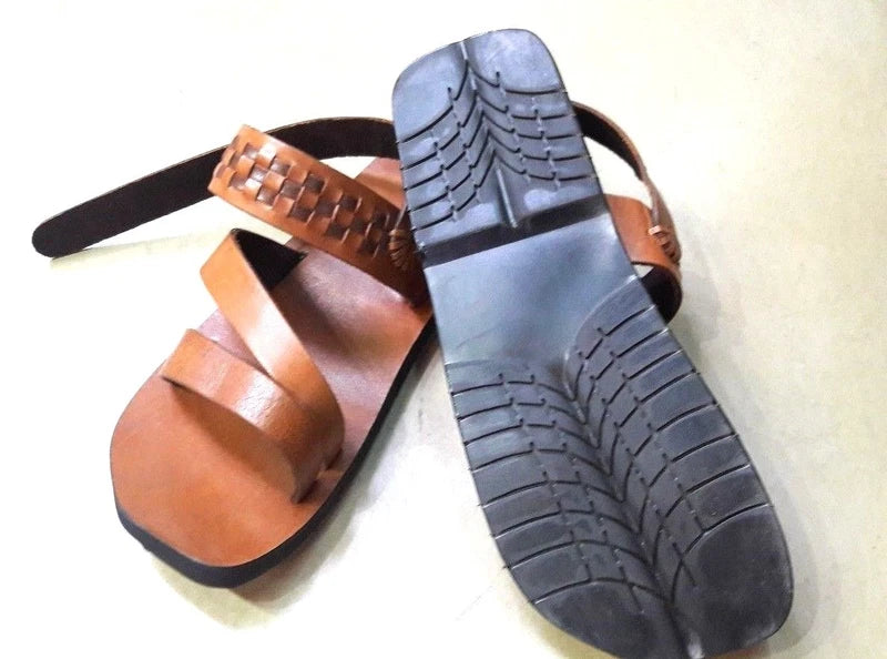 Tan Leather Roman Mens Pump Retro Open Toe Ankle Strappy Unisex Zori Flat Sandal