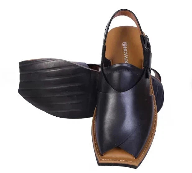 Tailor Made Men's Cowhide Streaky Leather, Black Leather Color Peshawari Chappal