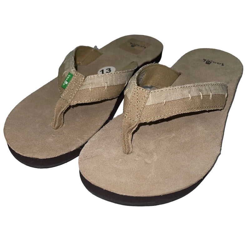 Sanuk Flip Flops Mens Brown Suede Leather Canvas Comfort Slipper Sandals Dr Fray