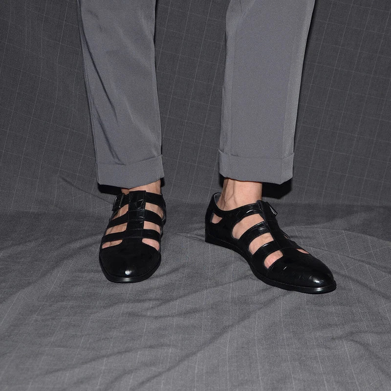 Mens Summer Embossed Leather Sandals Outdoor Casual Hollow Out Breathable Shoes