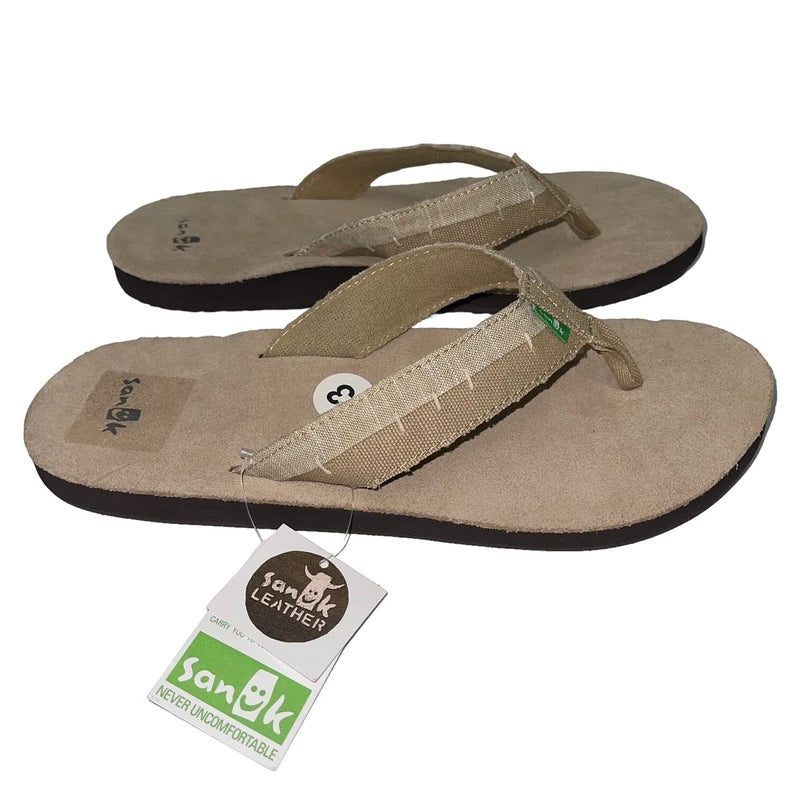 Sanuk Flip Flops Mens Brown Suede Leather Canvas Comfort Slipper Sandals Dr Fray