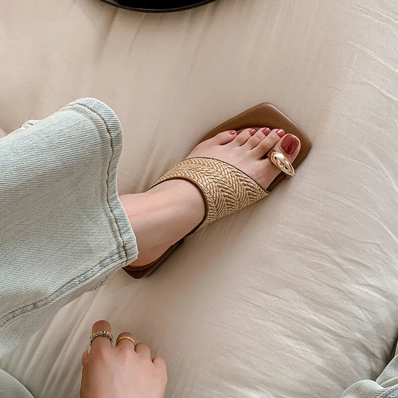 Womens Metal Buckle Slippers Summer Coarse Middle Heel Square Toe Beach Sandals