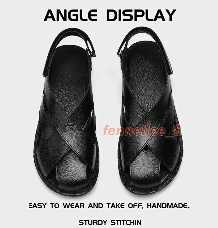 Summer Men's Hollow Out Sandals Leather Beach Shoes Non-slip Outdoor Slippers