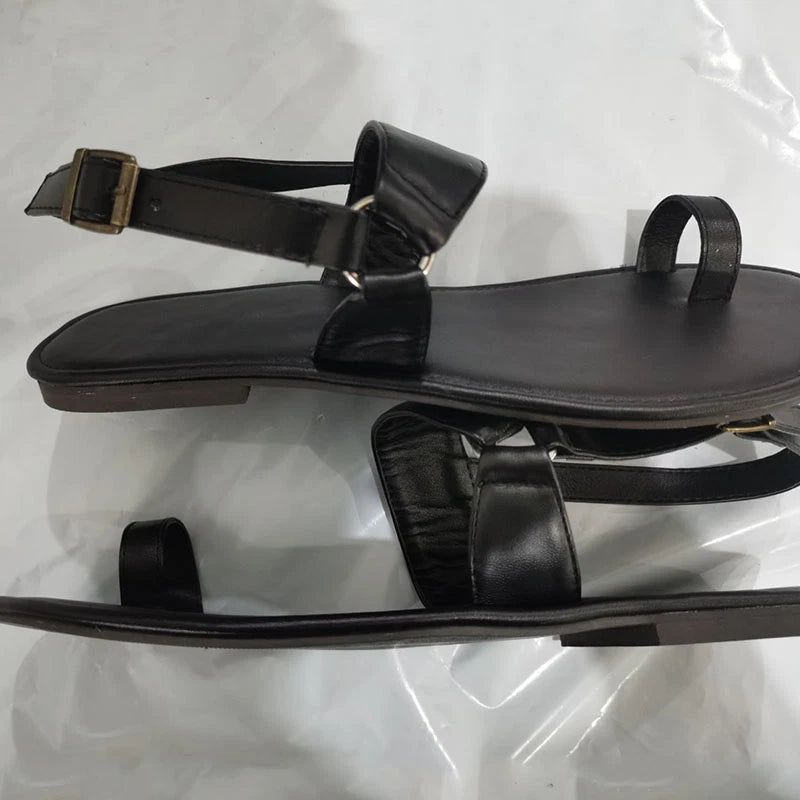 Smmer Men's Sandals Vintage Toe Ring PU Leather Male Flats Shoes Beach Slippers