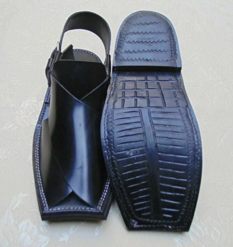 US 7, 8,9,10,11 MEN'S HANDMADE BLACK CHARSADA LEATHER PESHAWARI CHAPPEL