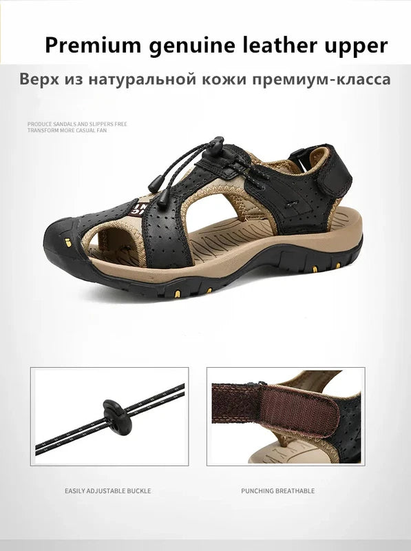 Summer Men's Leather Sandals Outdoor Beach Shoes Comfort Casual Lackk Up Slipper