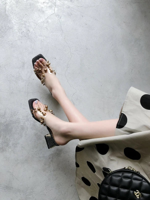 Womens Fashion Transparent Pearls Block Heel Beach Slippers Sandals Shoes AKCS0