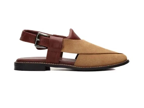 Tailor Made Men's Peshawari Chappal Beige Suede and Brown Leather Sandals Men's