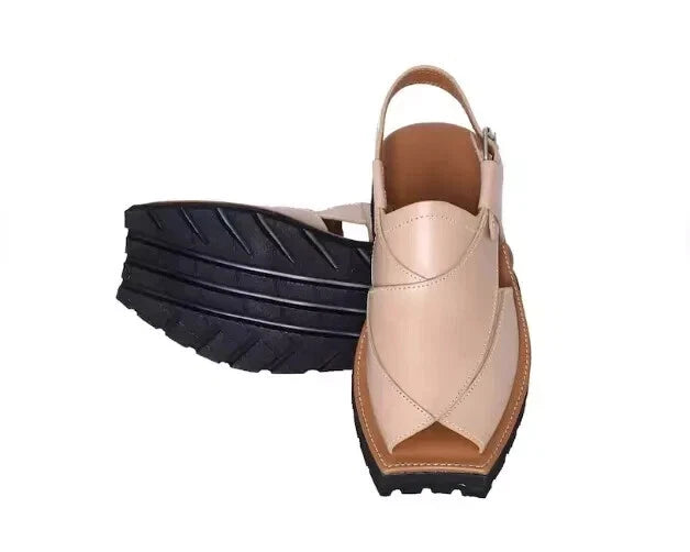 Tailor Made Men's Cowhide Streaky Leather Sandals, Cream Peshawari Chappal Men's