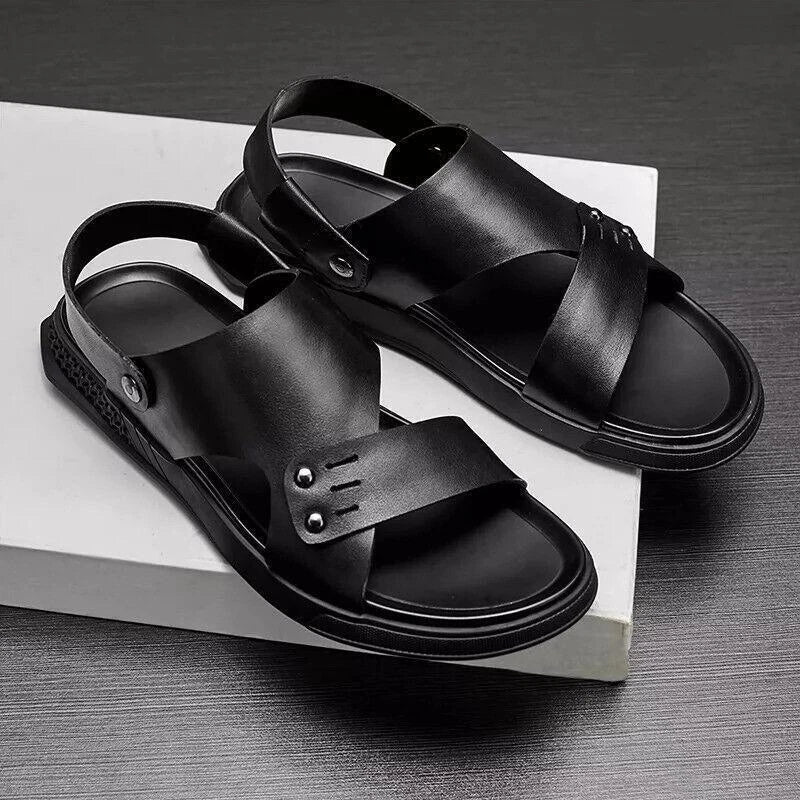 Summer Mens Youth Open Toe Leather Sandals Slippers Casual Beach Shoes Outdoor