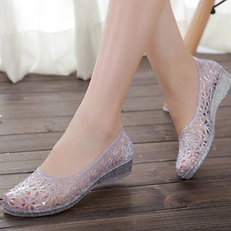 Womens Summer Jelly Sandals Hollow Out Shoes Glitter Crystal Mesh Slippers Size