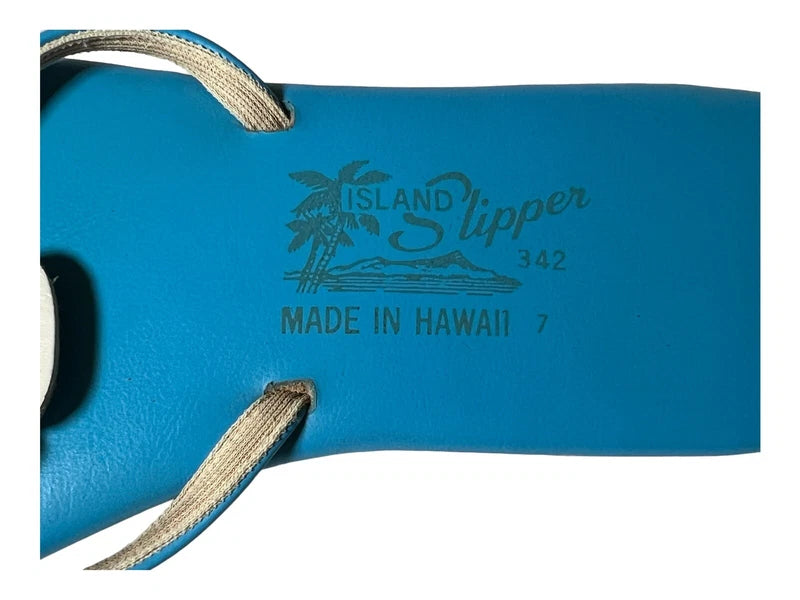 Vtg Women's Island Slipper Blue White Leather Floral Slide Made In Hawaii Size 7