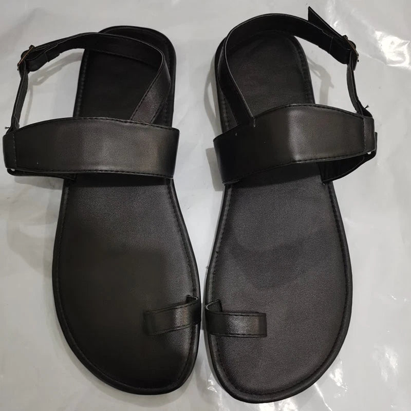 Smmer Men's Sandals Vintage Toe Ring PU Leather Male Flats Shoes Beach Slippers