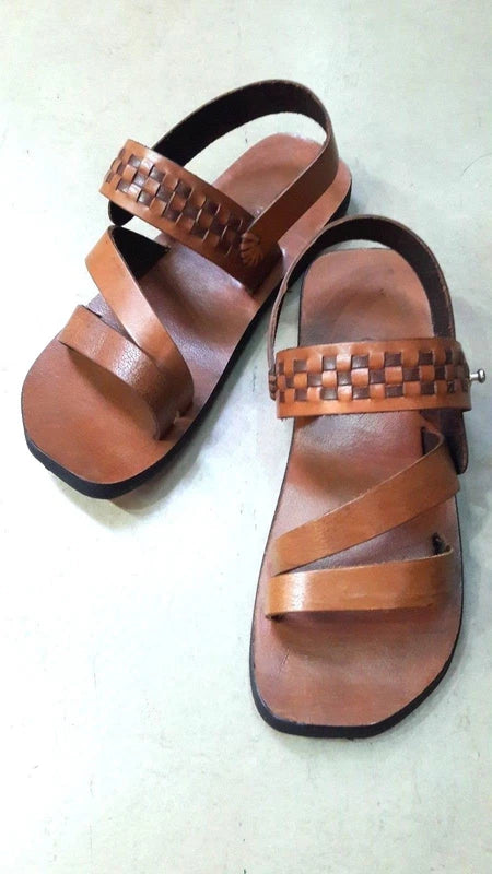 Tan Leather Roman Mens Pump Retro Open Toe Ankle Strappy Unisex Zori Flat Sandal