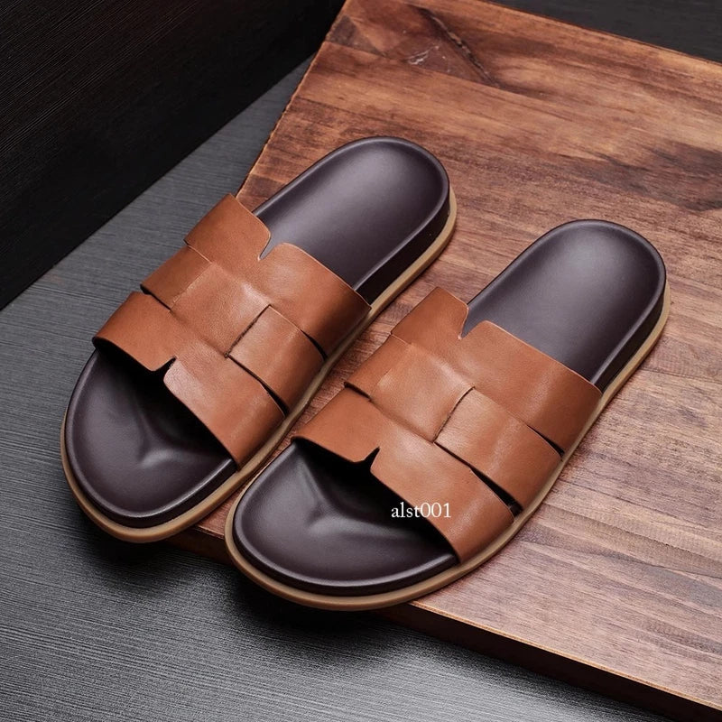 Summer New Men's Slippers Casual Breathable Beach Sandals Flat Leather Slippers