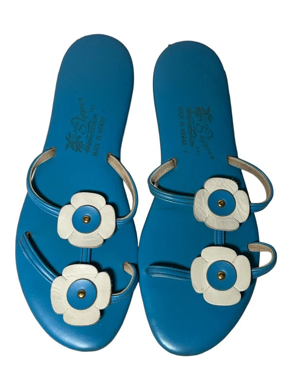 Vtg Women's Island Slipper Blue White Leather Floral Slide Made In Hawaii Size 7