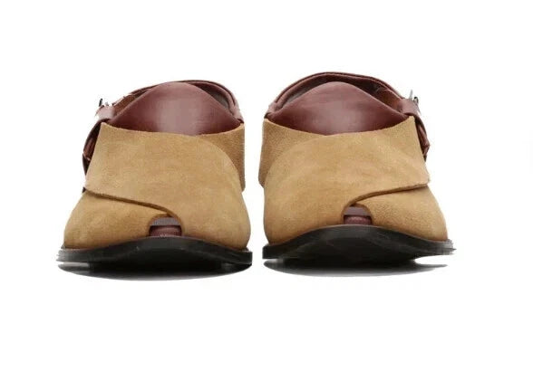 Tailor Made Men's Peshawari Chappal Beige Suede and Brown Leather Sandals Men's