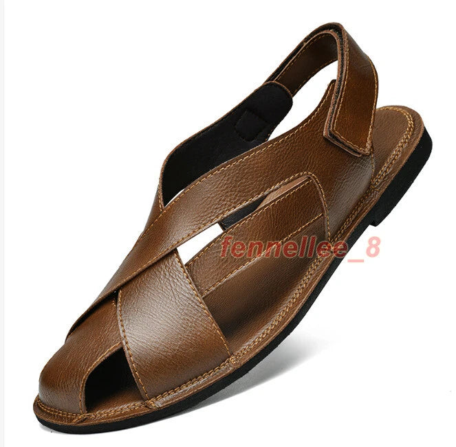 Summer Men's Hollow Out Sandals Leather Beach Shoes Non-slip Outdoor Slippers