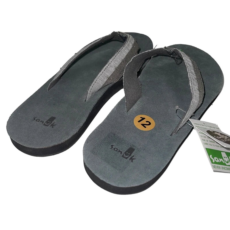 Sanuk Flip Flops Mens Gray Suede Leather Comfort Canvas Sandals Slippers Dr Fray