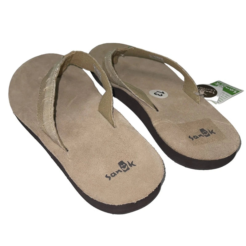 Sanuk Flip Flops Mens Brown Suede Leather Canvas Comfort Slipper Sandals Dr Fray