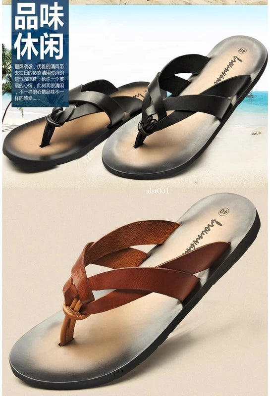 Summer Sandals New Men's Flip Flops Beach Shoes Leather Flats Casual Slippers Sz