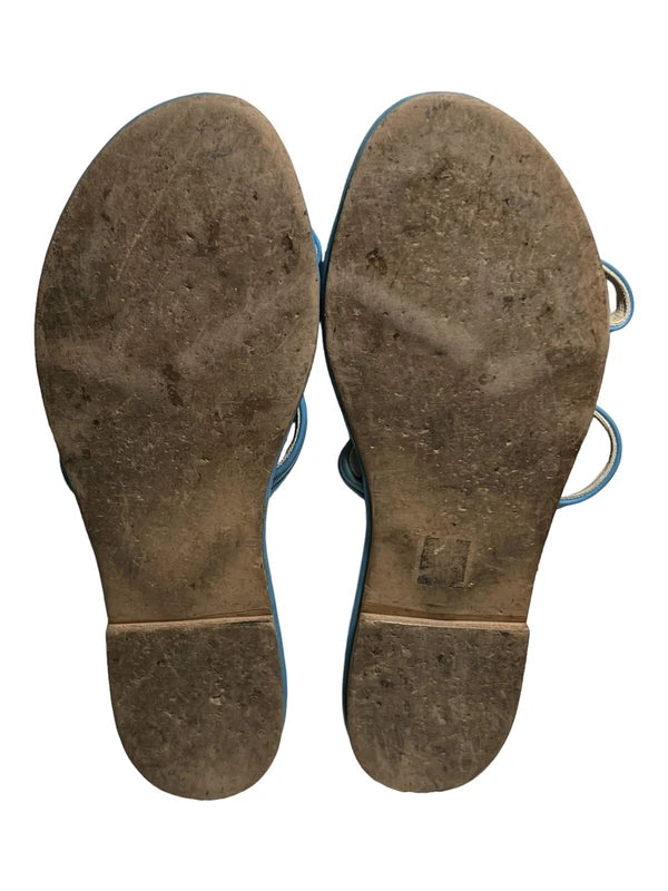 Vtg Women's Island Slipper Blue White Leather Floral Slide Made In Hawaii Size 7