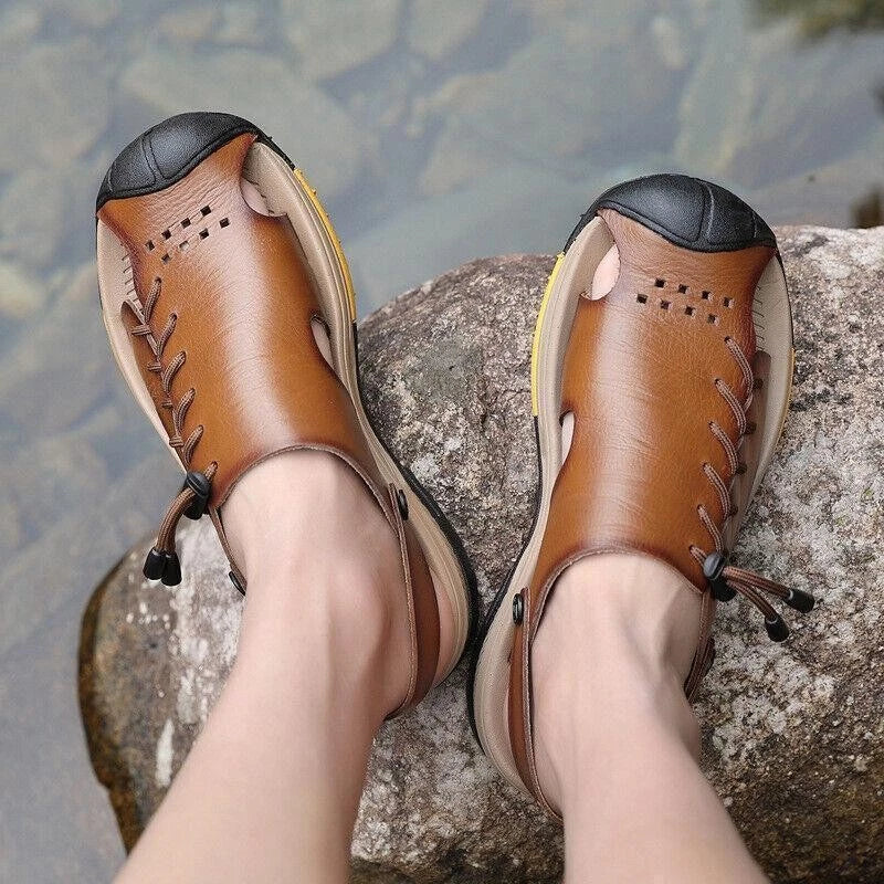 Summer Men's Flat Faux Leather Closed Toe Sandals Beach Outdoor Casual Slippers