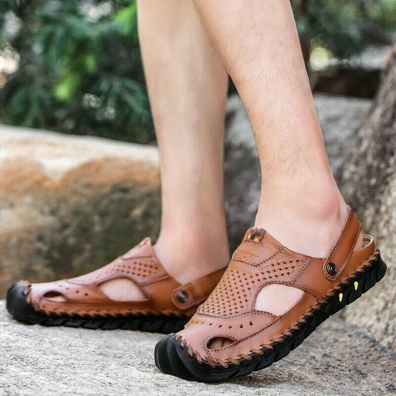 Summer Mens Casual Beach Sandals Casual Cut Out Slippers Leather Mules Outdoor