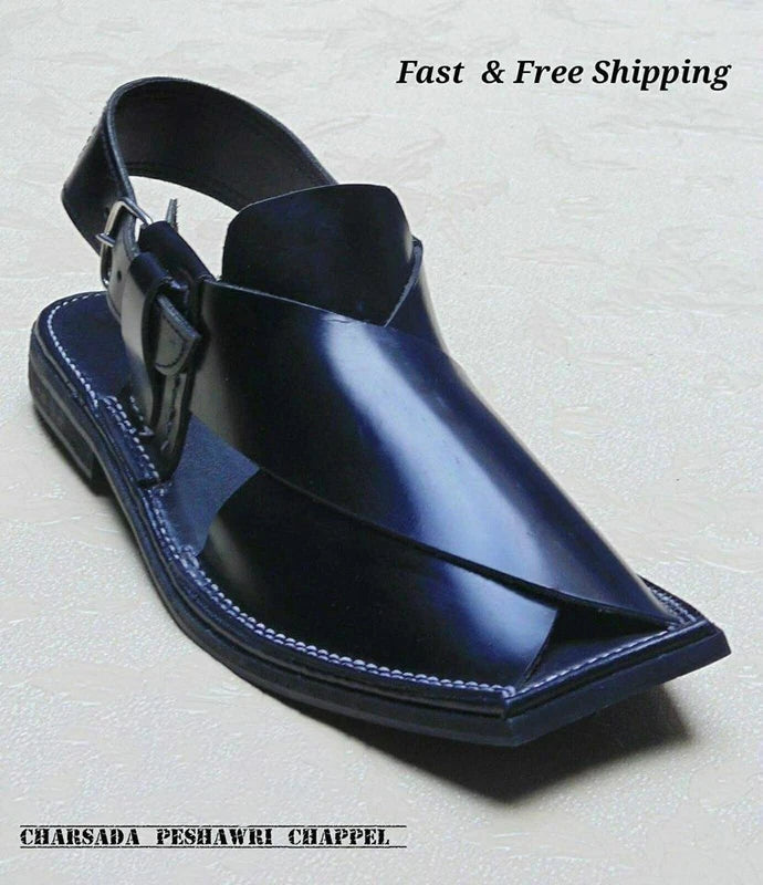 US 7, 8,9,10,11 MEN'S HANDMADE BLACK CHARSADA LEATHER PESHAWARI CHAPPEL